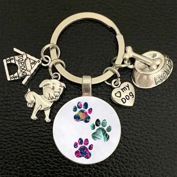 Puppy Charm Keychain Silver Plated Doggy I Love My Dog Paw Keyfob Pet Lover Gift - Picture 3 of 6
